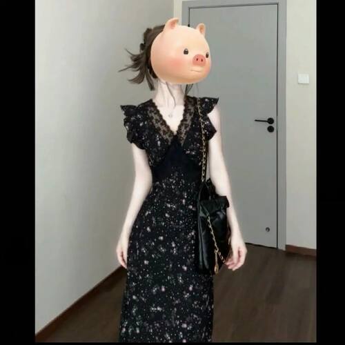 欧美V领蕾丝拼接碎花连衣裙