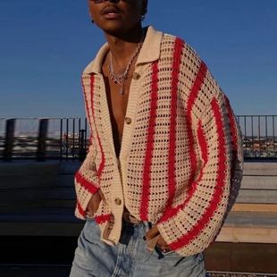 Hollow striped cardigan sweater for men 镂空条纹开衫针织衫男