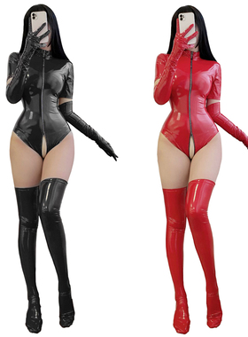 Lacquer leather zipper open crotch jumpsui漆皮拉链开裆连体衣