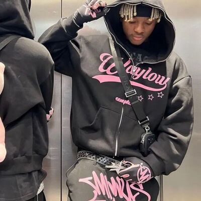 印花拉链卫衣长袖连帽衫