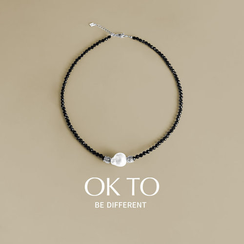 OKTO饰品【甜酷女孩系列】黑尖晶石串珠大颗巴洛克异形珍珠项链女