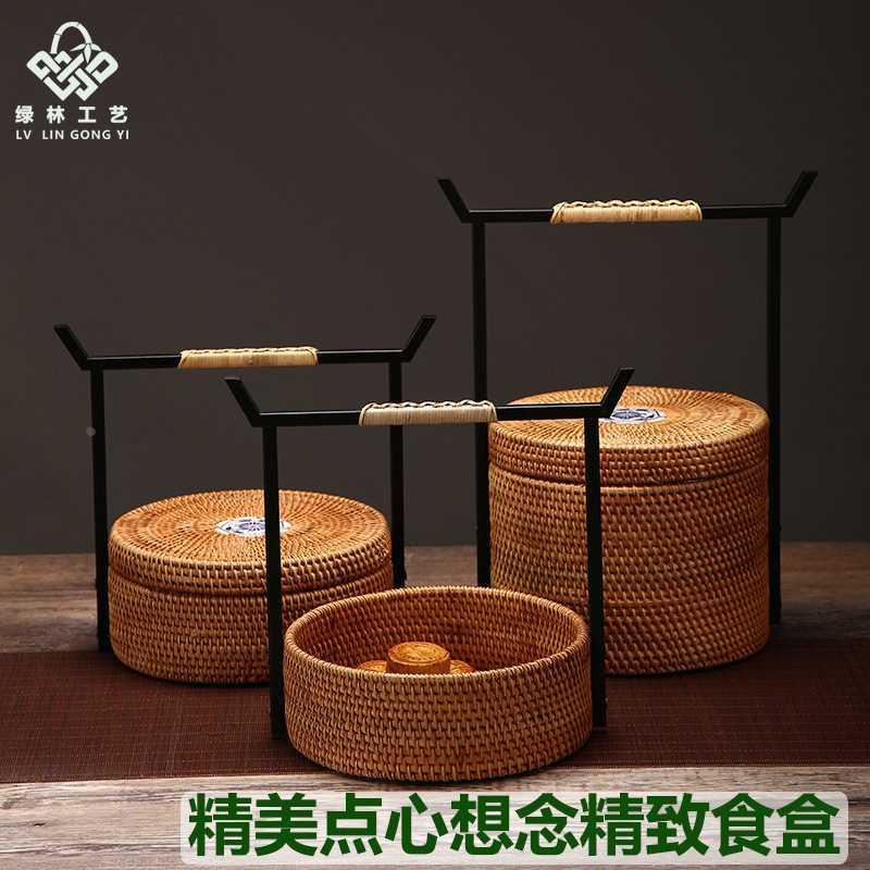 藤编复古点心食盒大小号手提圆形水果篮带盖茶具收纳盒铁艺高档