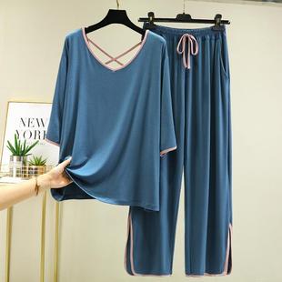 宽松V领薄款 莫代尔睡衣女夏大码 可外穿家居服交叉露背显瘦两件套