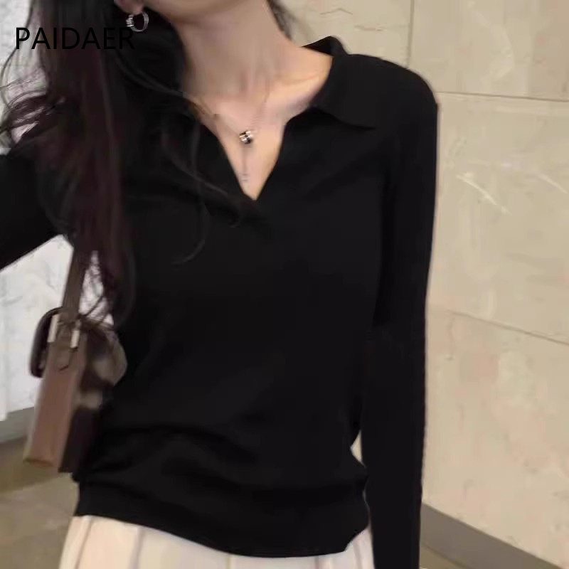 派大鹅黑色V领T恤女2025春秋新款高级感显瘦内搭长袖POLO领打底衫