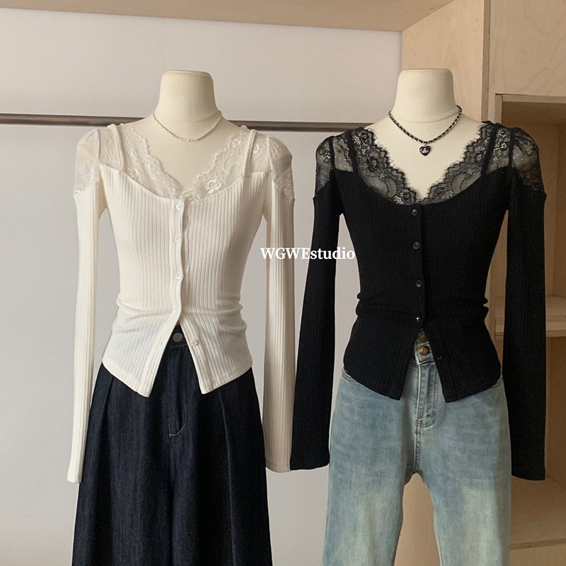 2024早秋V领纯欲蕾丝拼接打底衫女修身内搭设计感小众长袖T恤上衣