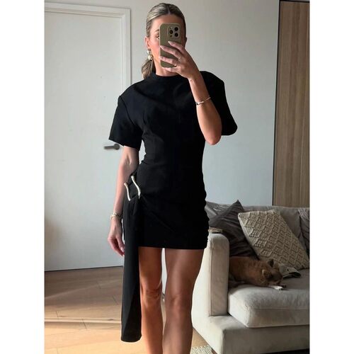 Round neck irregular solid color dress圆领不规则纯色连衣裙女