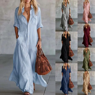 欧美风纯色休闲宽松衬衫领连衣裙Solid color casual loose dress