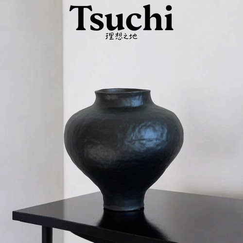 侘寂风黑色陶瓷花瓶客厅玄关桌面摆件简约轻奢高级感家居装饰花器