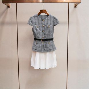 法式 拼接收腰連衣裙赫本假兩件千鳥格家SP風女拼接 高級感夏季 新款