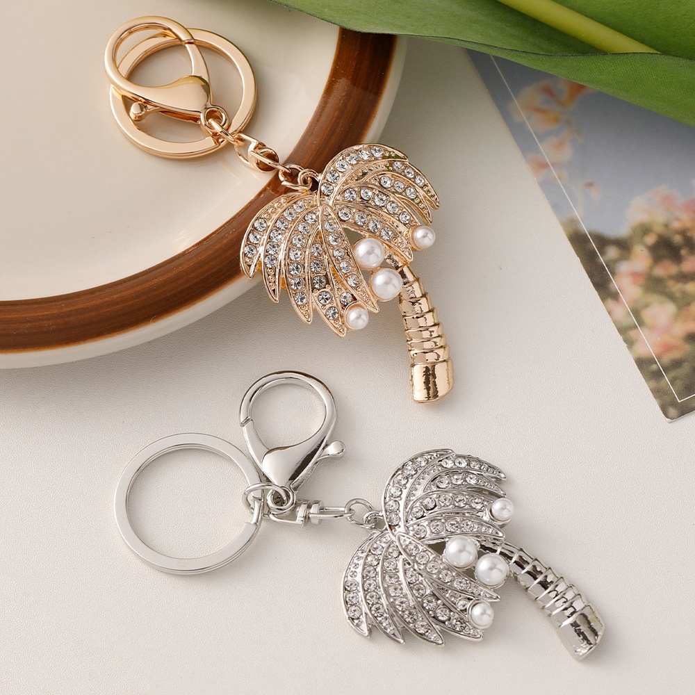 跨境创意热销椰子树镶钻珍珠汽车钥匙扣时尚包包金属挂件礼品
