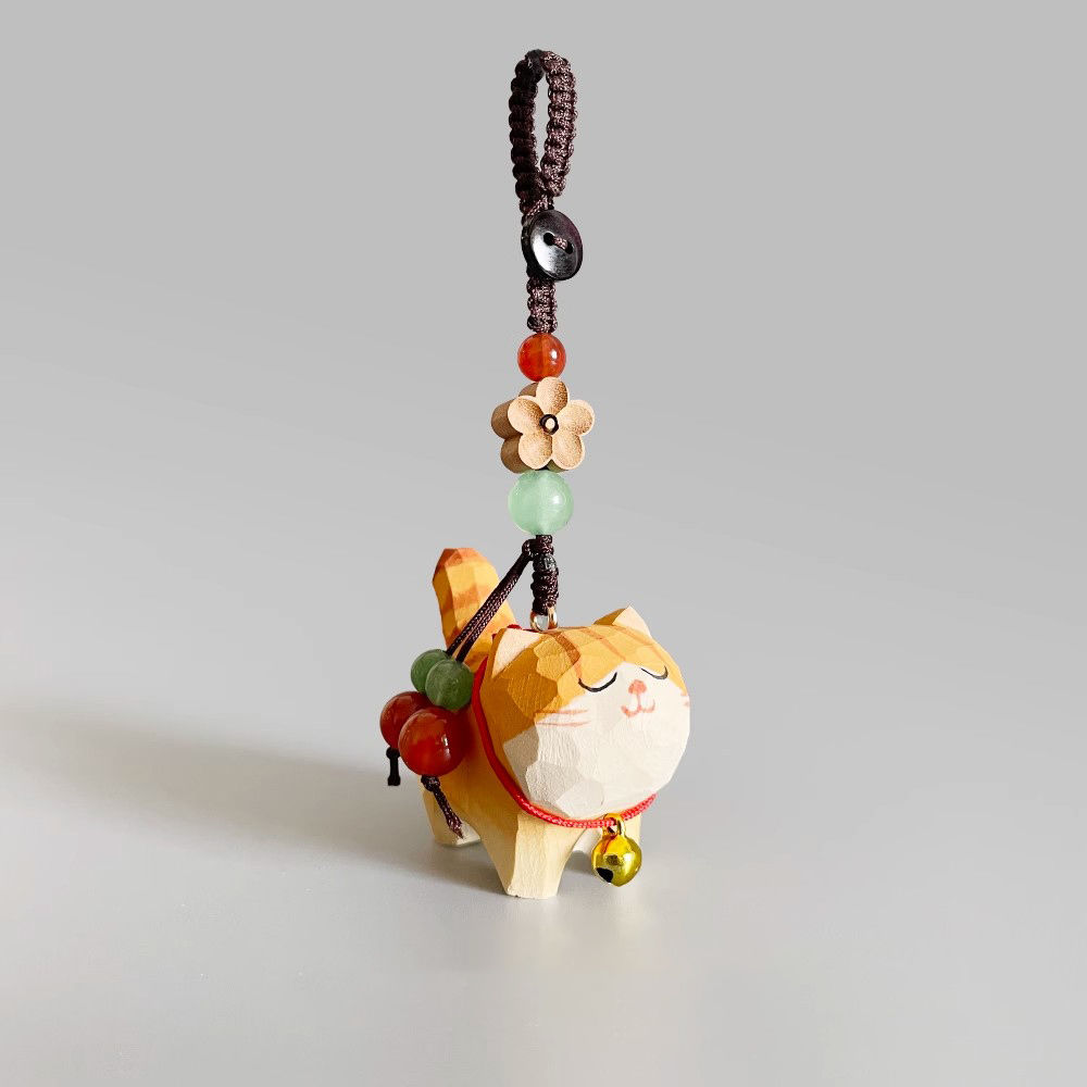 创意手工木雕猫咪桃木钥匙扣