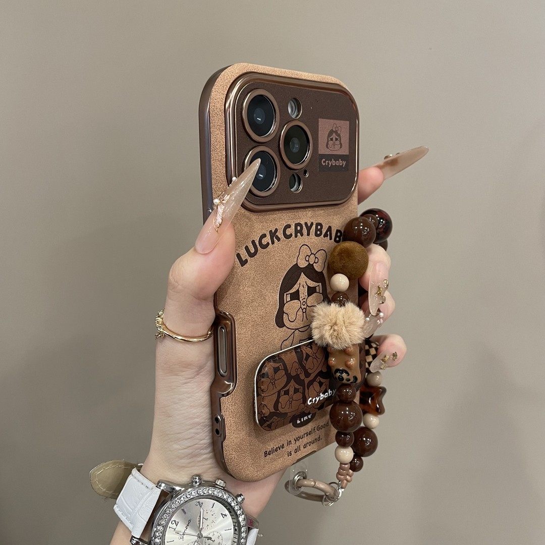 庞壳秋冬皮质大视窗复古卡通磨毛棕底滑板哭娃17promax手机壳新款16卡通可爱15pro女款14promax保护套防摔