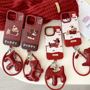 庞壳 红色刺绣腊肠手机壳适用iPhone16promax手机壳苹果15保护壳14苹果13手机保护壳