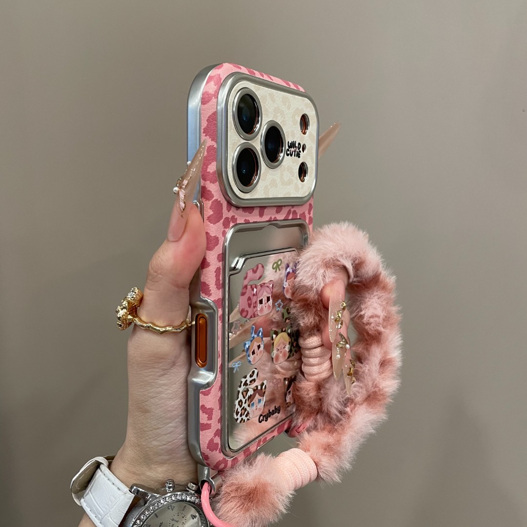 庞壳 粉豹纹镜面彩色哭娃卡包使用苹果17promax手机壳16pro保护壳15卡通14pro手机保护套iPhone16