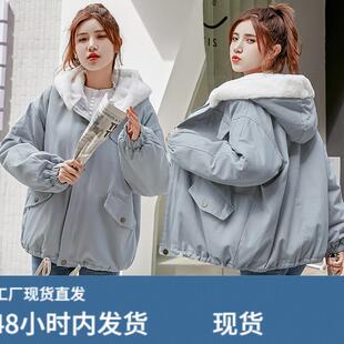 外套少女连帽秋冬装学生学院风百搭加绒加厚羊羔毛工装棉服小香风