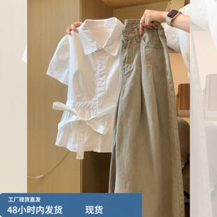 甜美减龄白色翻领绑带短袖衬衫女款2026新款夏季法式白领漂亮上衣