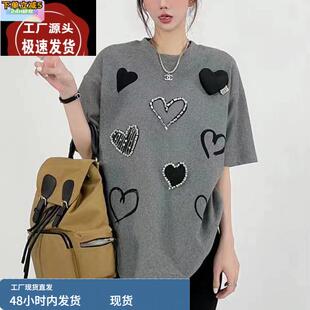 重工设计感镶钻钉珠圆领短袖T恤女夏季新款时尚气质洋气减龄上衣