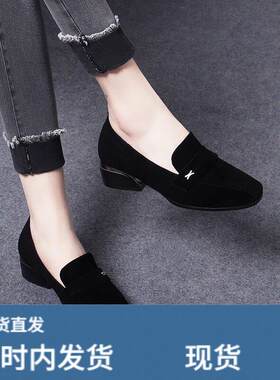 真皮低跟深口单鞋女2026新款粗跟方头软底软皮磨砂乐福鞋春秋皮鞋