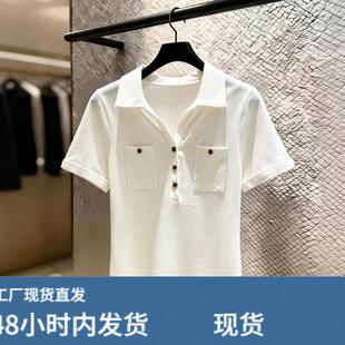 白色翻领正肩短袖T恤女夏季欧货韩系设计感双口袋钮扣装饰上衣潮