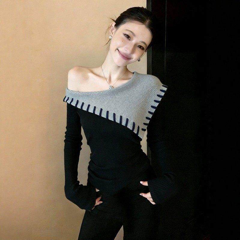 法式撞色不规则斜露肩打底衫女秋冬季内搭设计感修身绝美复古上衣,模玩/动漫/周边/娃圈三坑/桌游,Cosplay女装/cos女装,淘宝优惠券,粉丝福利购,淘宝优惠卷