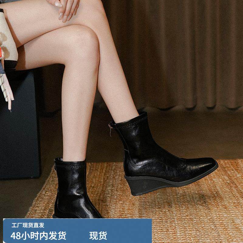 梨小七~坡跟覆古通勤百搭黑色方头小短靴女后拉炼简约真皮瘦瘦靴