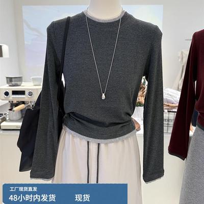 秋冬韩系简约拼色设计感小众掐腰正肩假两件上衣女显瘦打底衫T恤