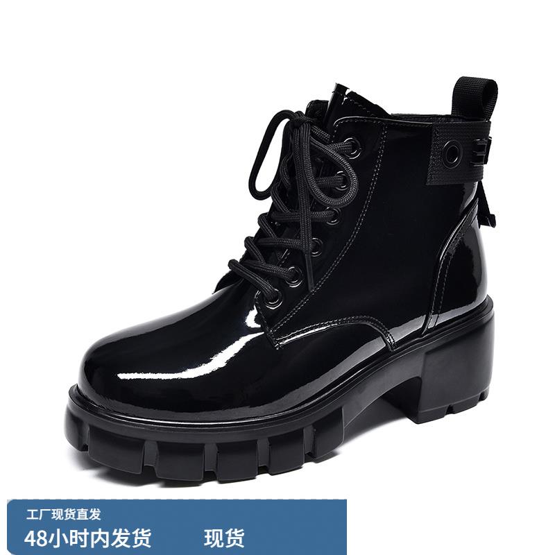 2024年秋冬新款圆头漆皮高跟鞋粗跟厚底侧拉链系带短靴时尚真皮鞋