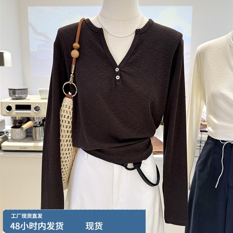 秋季基础款纯色弹力长袖t恤女气质半开纽扣小V领显瘦打底衫内搭