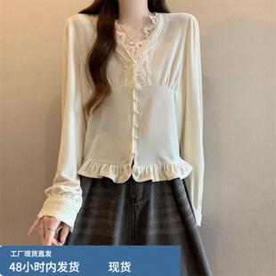 蕾丝拼接V领长袖丝绒衬衫女秋冬新款大码胖mm显瘦高级感短款上衣