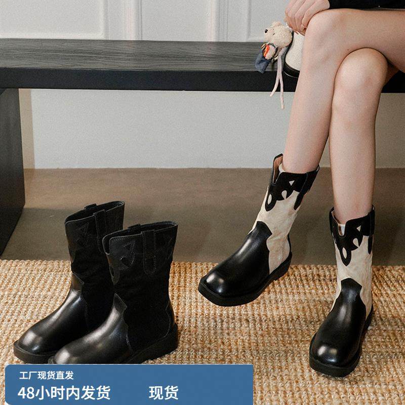 梨小七~覆古英伦风西部牛仔靴女宽筒V口显瘦厚底真皮拼接骑士靴子