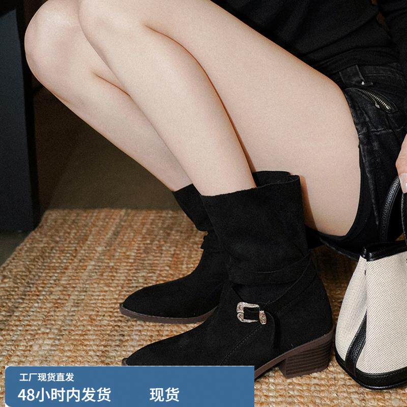 梨小七~皮带扣绒面覆古西部牛仔靴女尖头显瘦粗跟帅气外穿马丁靴