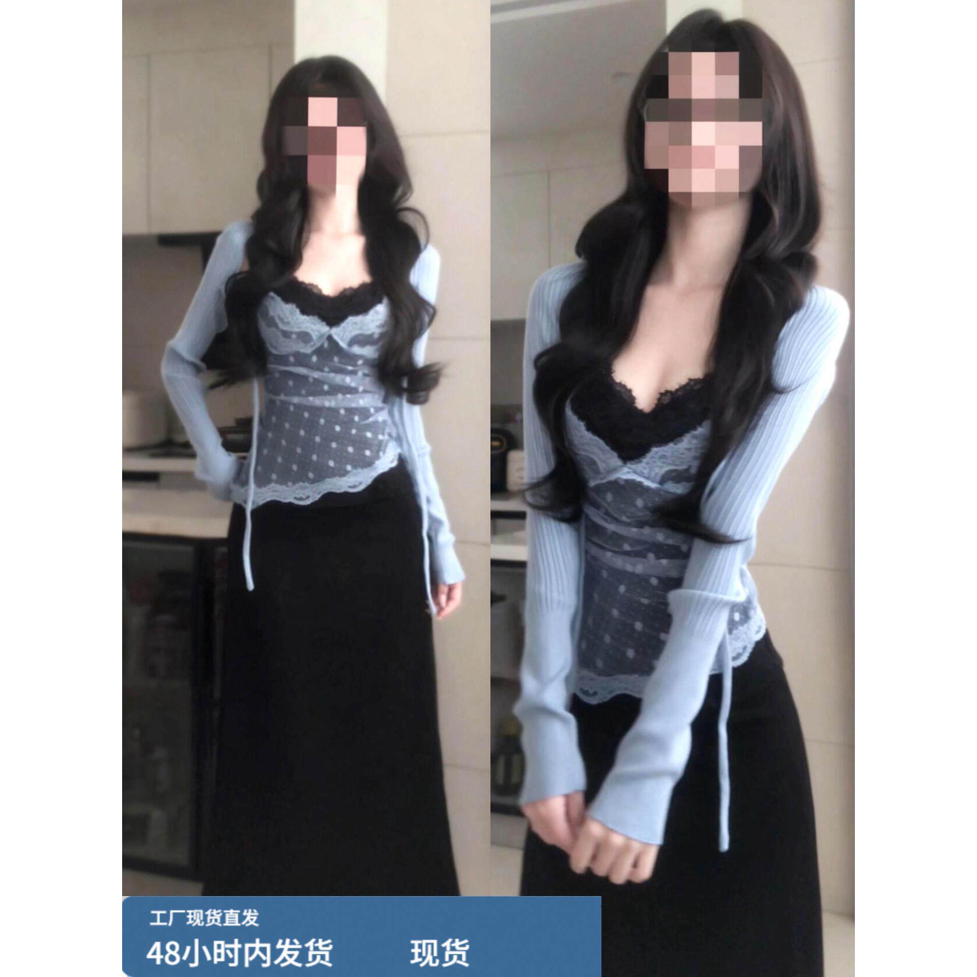 巨好看假两件蕾丝吊带连衣裙子女2025秋冬季新款韩系穿搭套装长裙