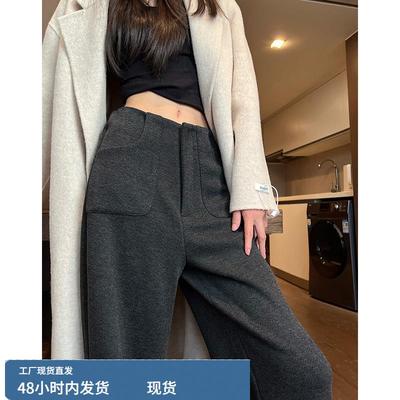 灰色窄版阔腿裤女加绒高腰垂感高级羊毛呢西装裤休闲直筒裤秋冬季