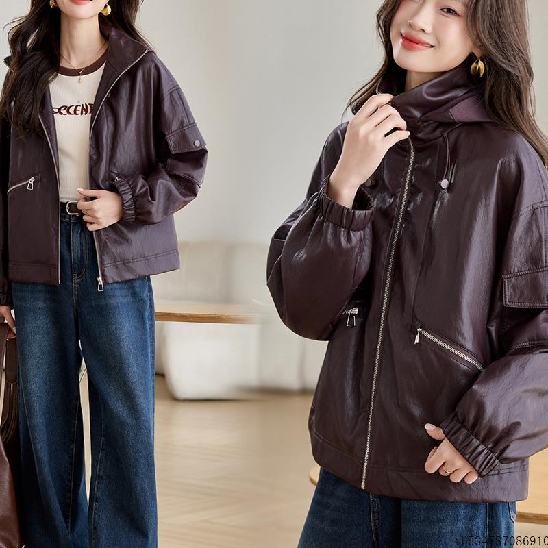 韩版宽松连帽皮衣外套2025新款秋季微胖显瘦女装纯色百搭帅气上衣