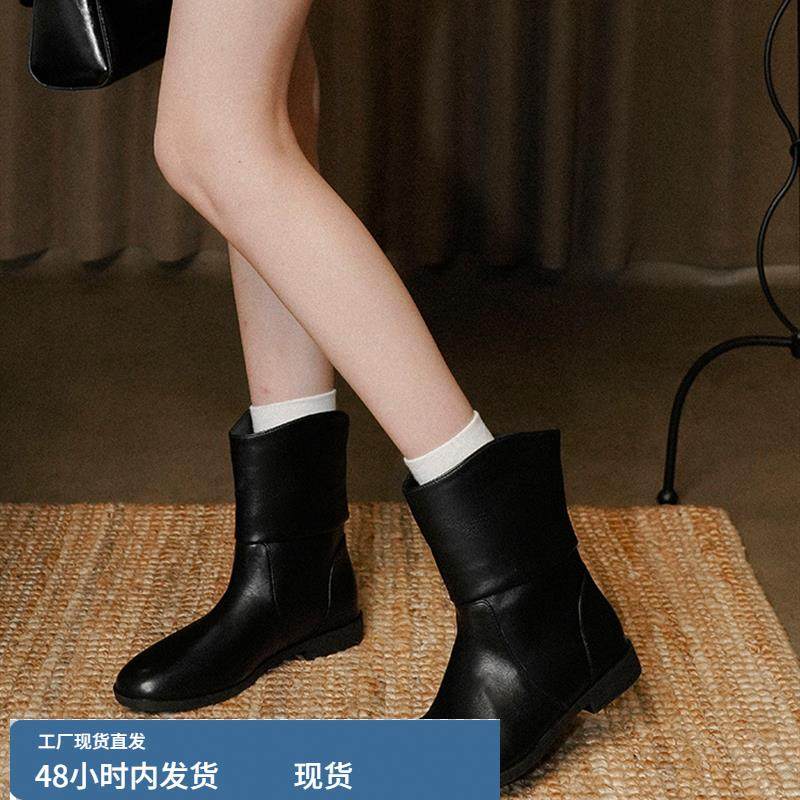 梨小七~覆古真皮极简百搭时尚骑士靴女宽筒显瘦平底通勤炸街短靴