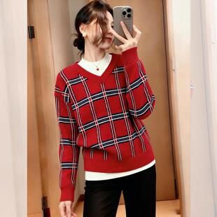 红色格子毛衣女款2026新款冬季多巴胺新年过年穿搭本命年马年衣服