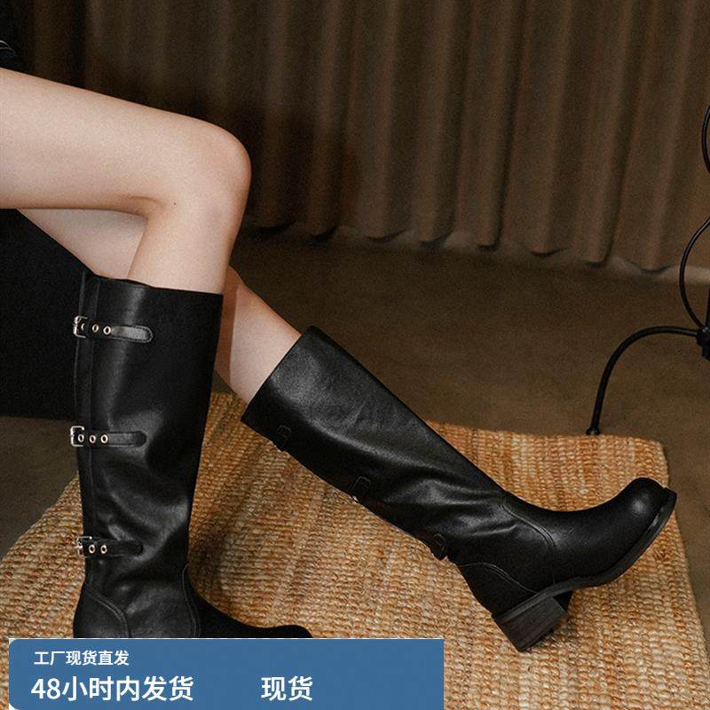梨小七~黑色长筒靴女覆古皮带扣圆头粗跟骑士靴女不过膝真皮靴子