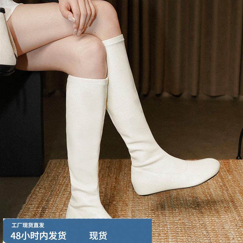 梨小七~韩版百搭温柔气质宽筒长靴女内增高圆头显瘦外穿骑士靴子