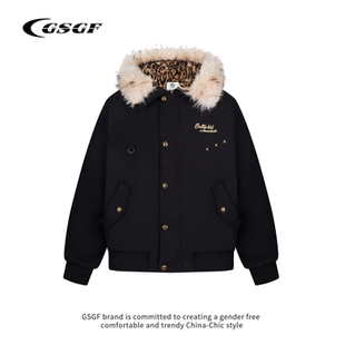 小众连帽外套潮 新款 GSGF美式 复古豹纹座山雕派克棉服男女2025冬季
