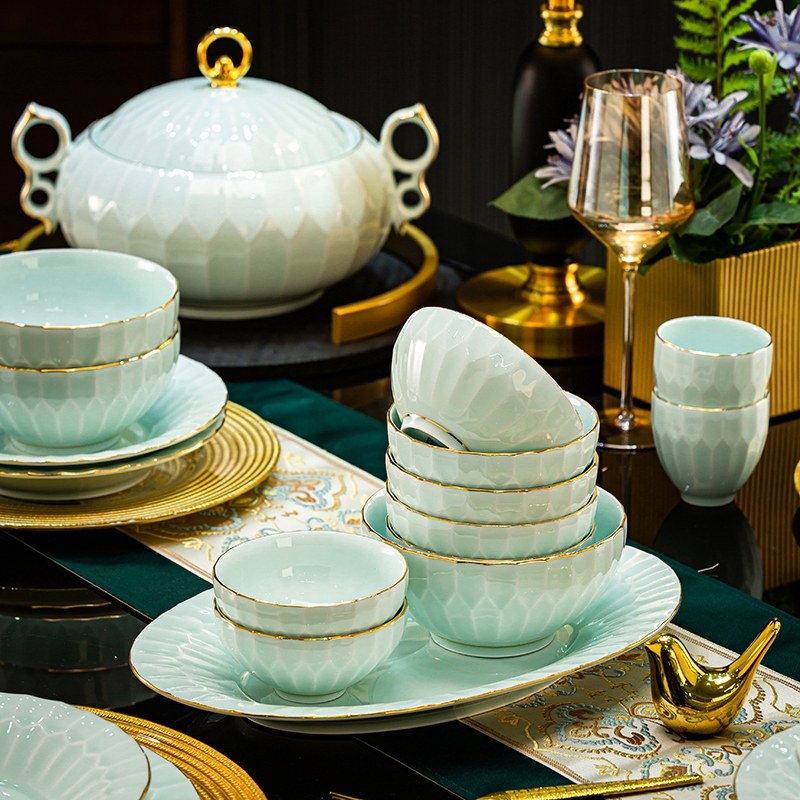 景德镇陶瓷餐具中式青瓷碗碟套装家用组合高温釉下彩菜盘子米饭碗,餐饮具,碗,淘宝优惠券,粉丝福利购,淘宝优惠卷