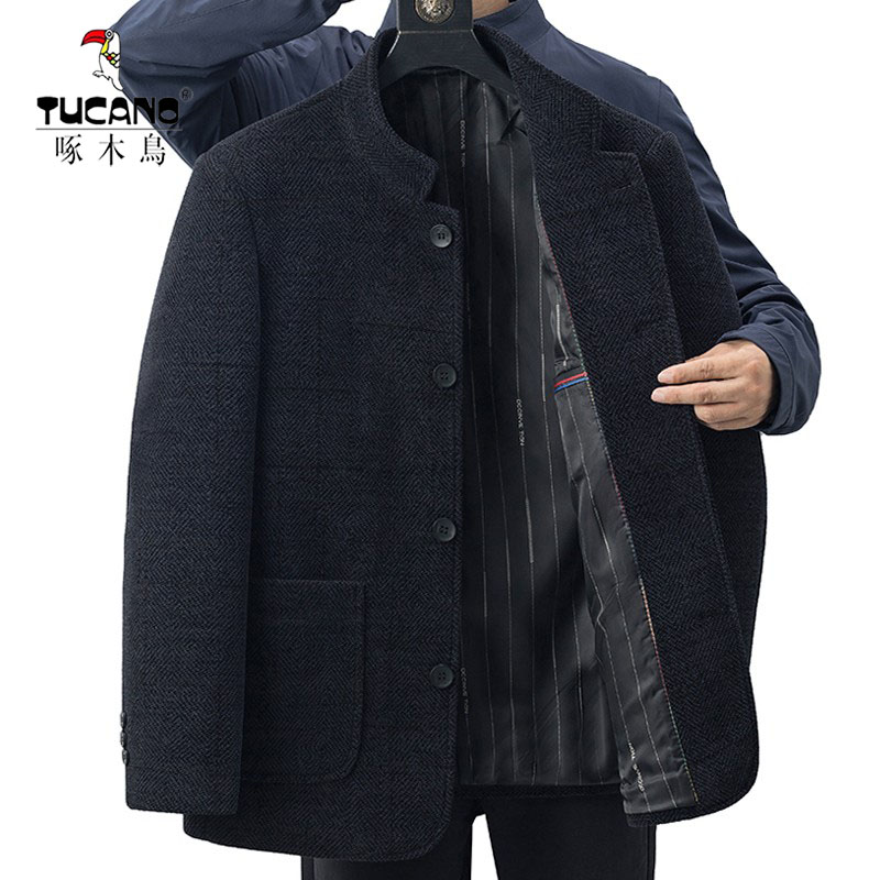 啄木鸟爸爸外套春秋款男士中山装羊毛呢子大衣短款中老年休闲夹克