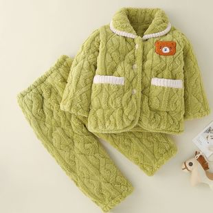 儿童法兰绒家居服冬季加厚三层夹棉男孩女童珊瑚绒卡通宝宝睡衣