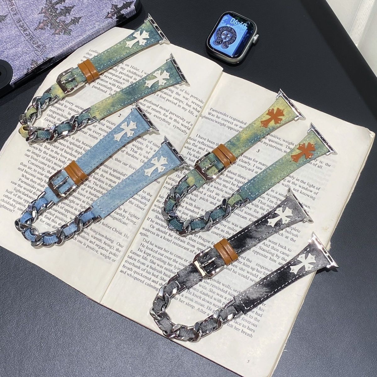 适用双圈牛仔皮百搭扎染表带链条适用于Apple watch10/9/8/7/SE高