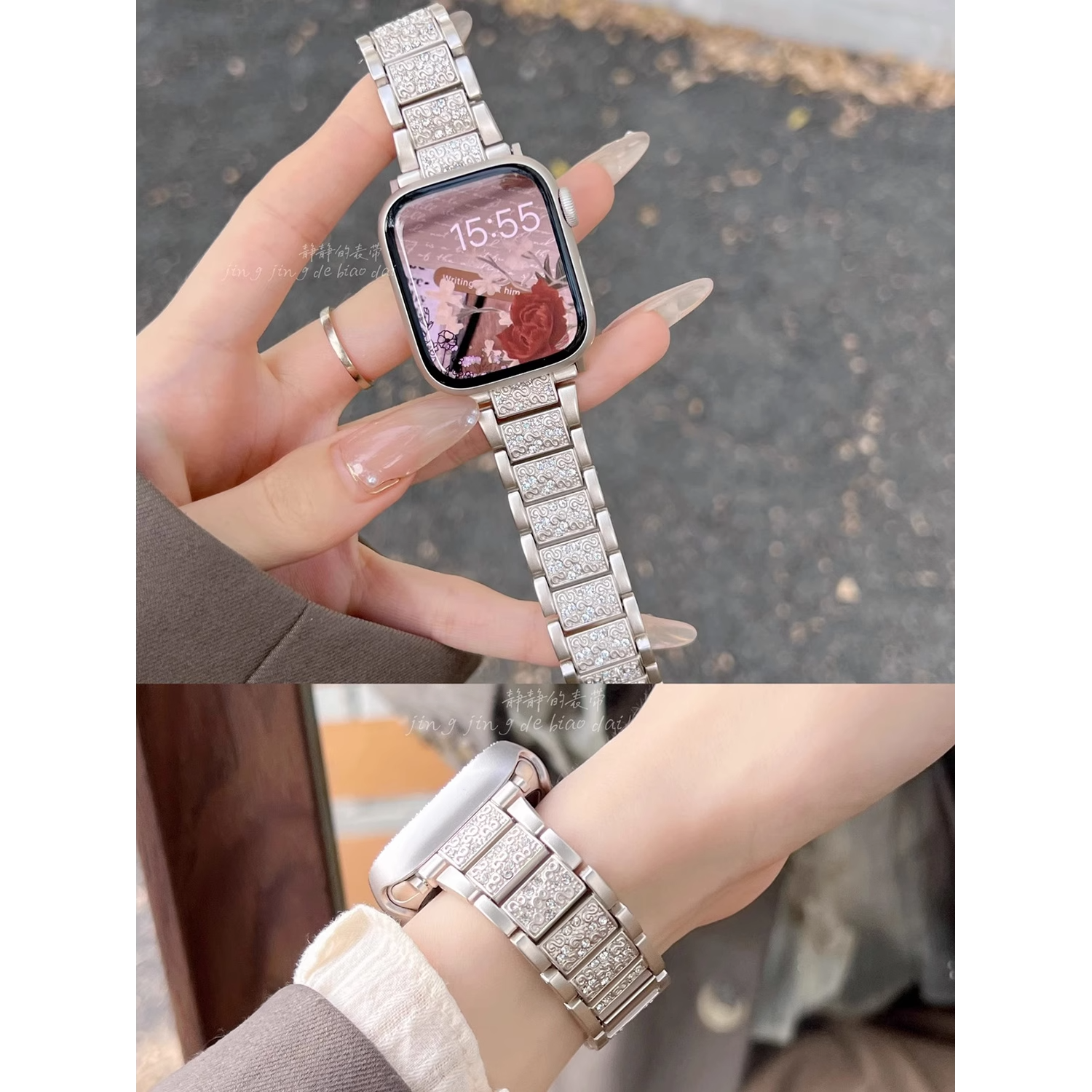 适用满天星镶钻表链荣耀手表5/4表带男女新款金属腕带夏高级原装