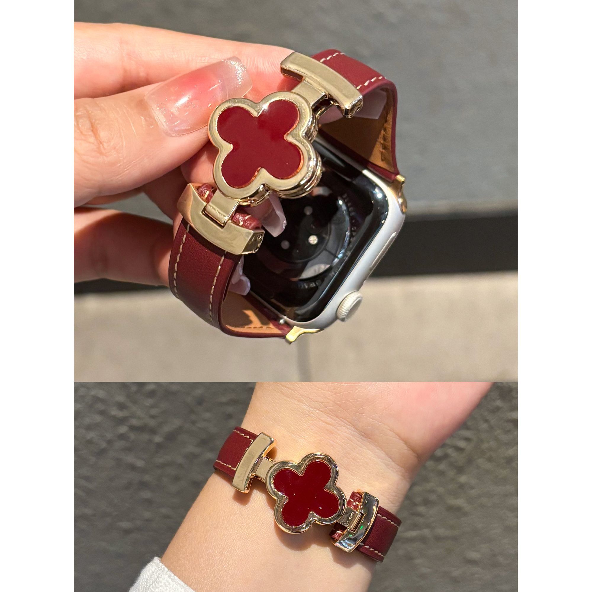 适用iWatch11/10代四叶草磁吸扣真皮表带高级感通用苹果手表s9/8