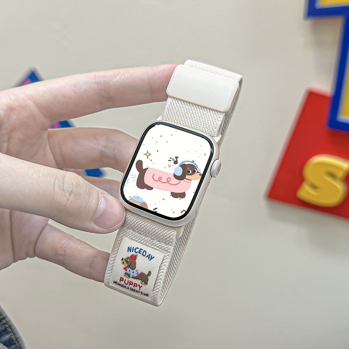 插画腊肠狗小米红米手表5/4代Redmi5Watch32表带磁吸编织尼龙适用