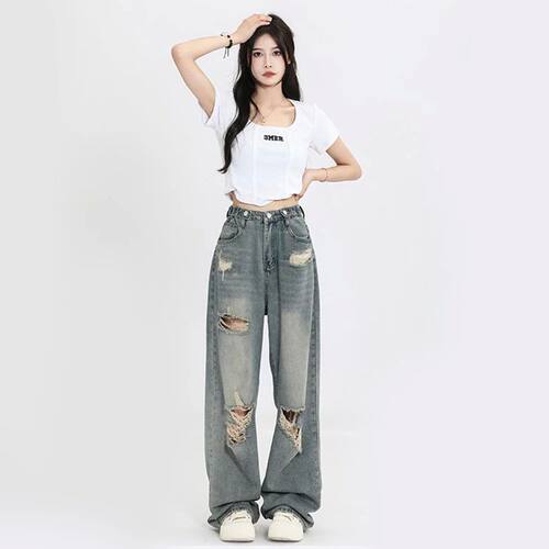 欧美宽松破洞直筒牛仔裤女