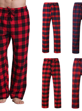 mens Plaid Pants long美式黑红色格子裤阔腿长裤棉质居家睡裤男