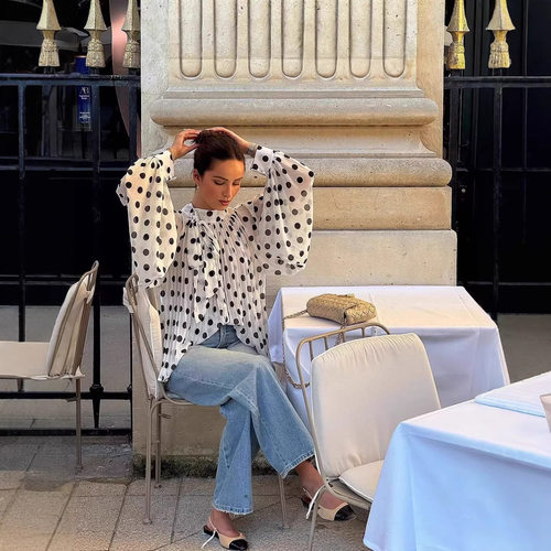 女士波点系带灯笼袖衬衫