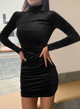 Highneck folded solid color suededress高领缩折纯色绒面连衣裙